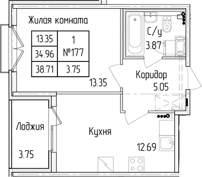 1-комнатная квартира 34.96 м², 4/4 эт., ЖК «Любоград в Стрельне»
